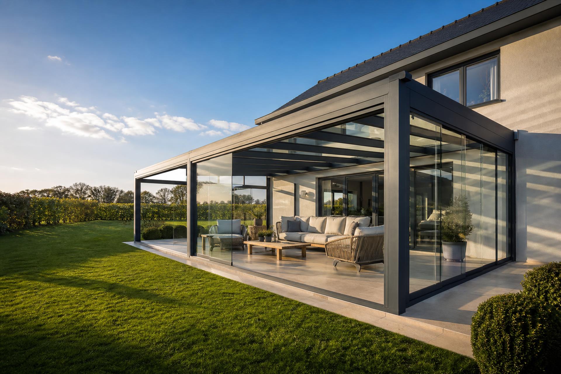 Pergola aluminium anthracite adossée à une maison, terrasse abritée