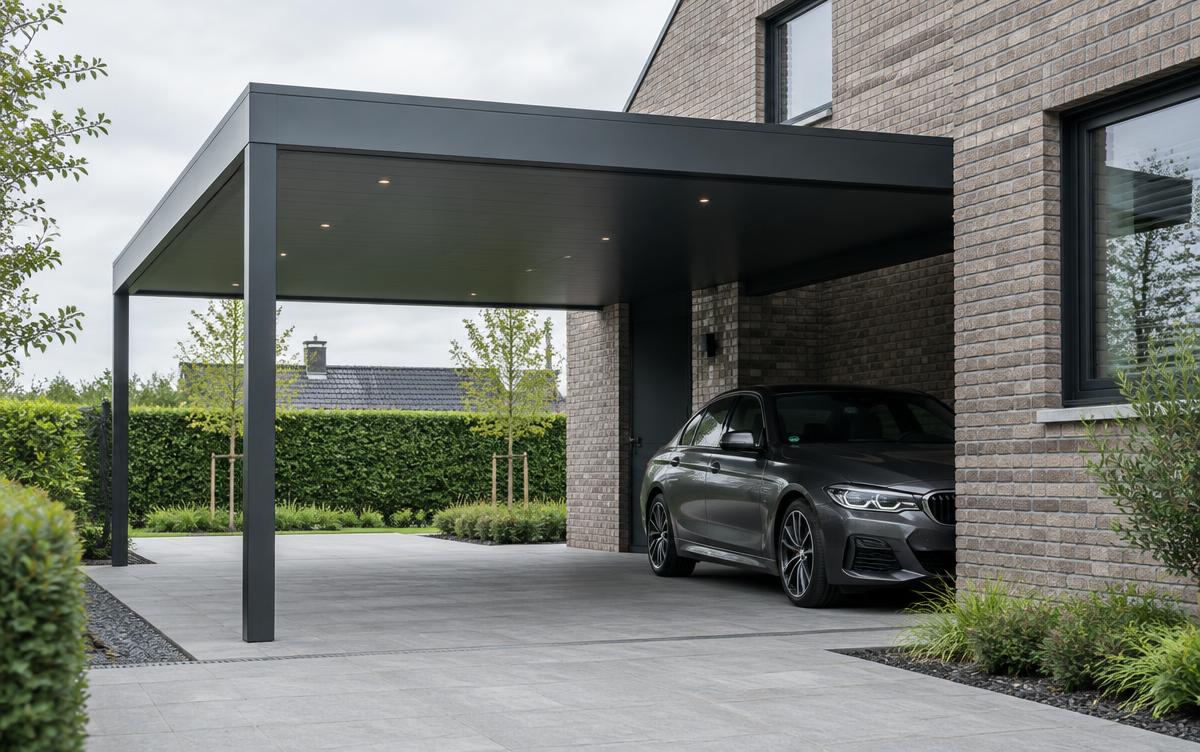 Carport en aluminium anthracite adossé à une maison contemporaine
