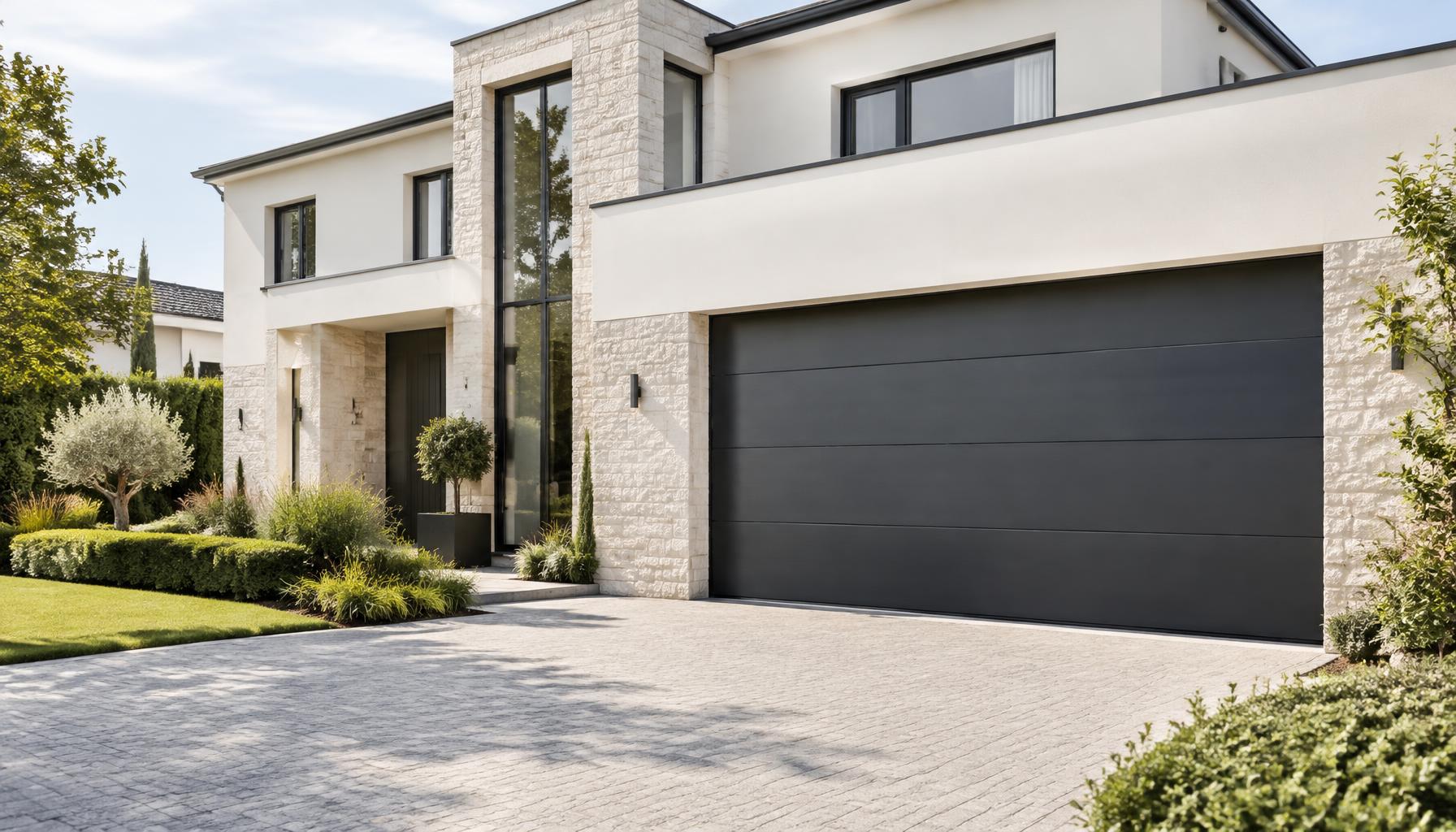 Porte de garage sectionnelle anthracite sur une façade contemporaine claire