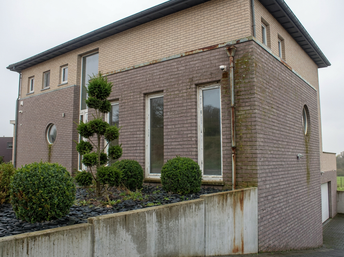 Avant travaux — Façade en brique rénovée avec des châssis fins noirs
